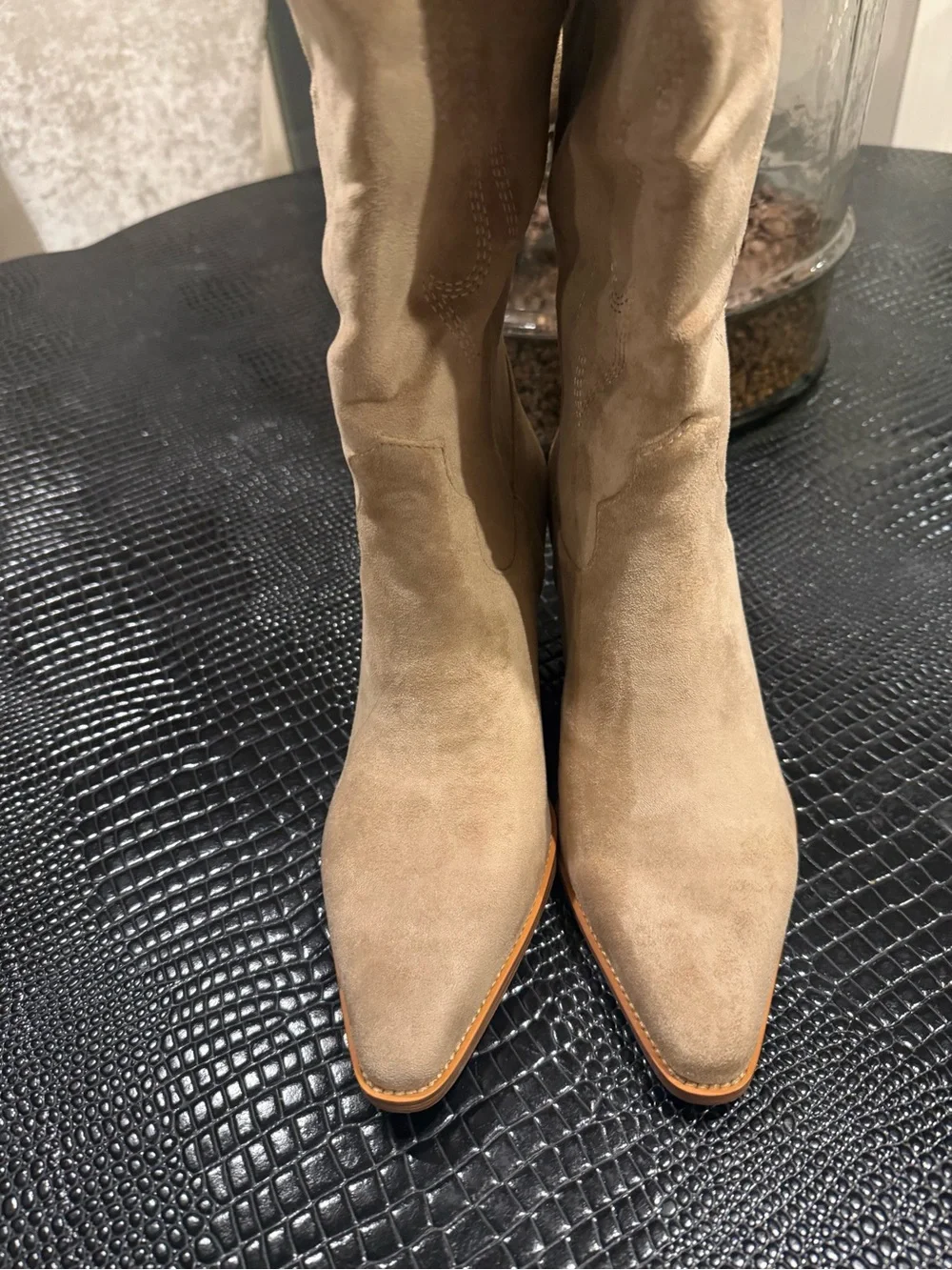 Knee Suede Western Boots in Beige